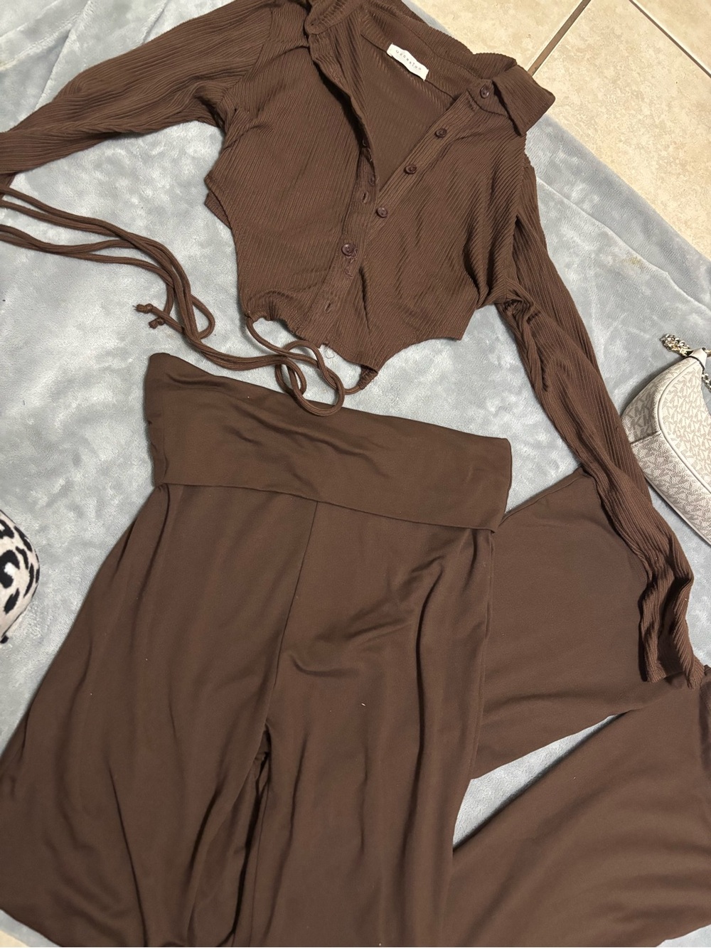 Women’s Brown Wide-Leg Jumpsuit with Buttoned Crop Top